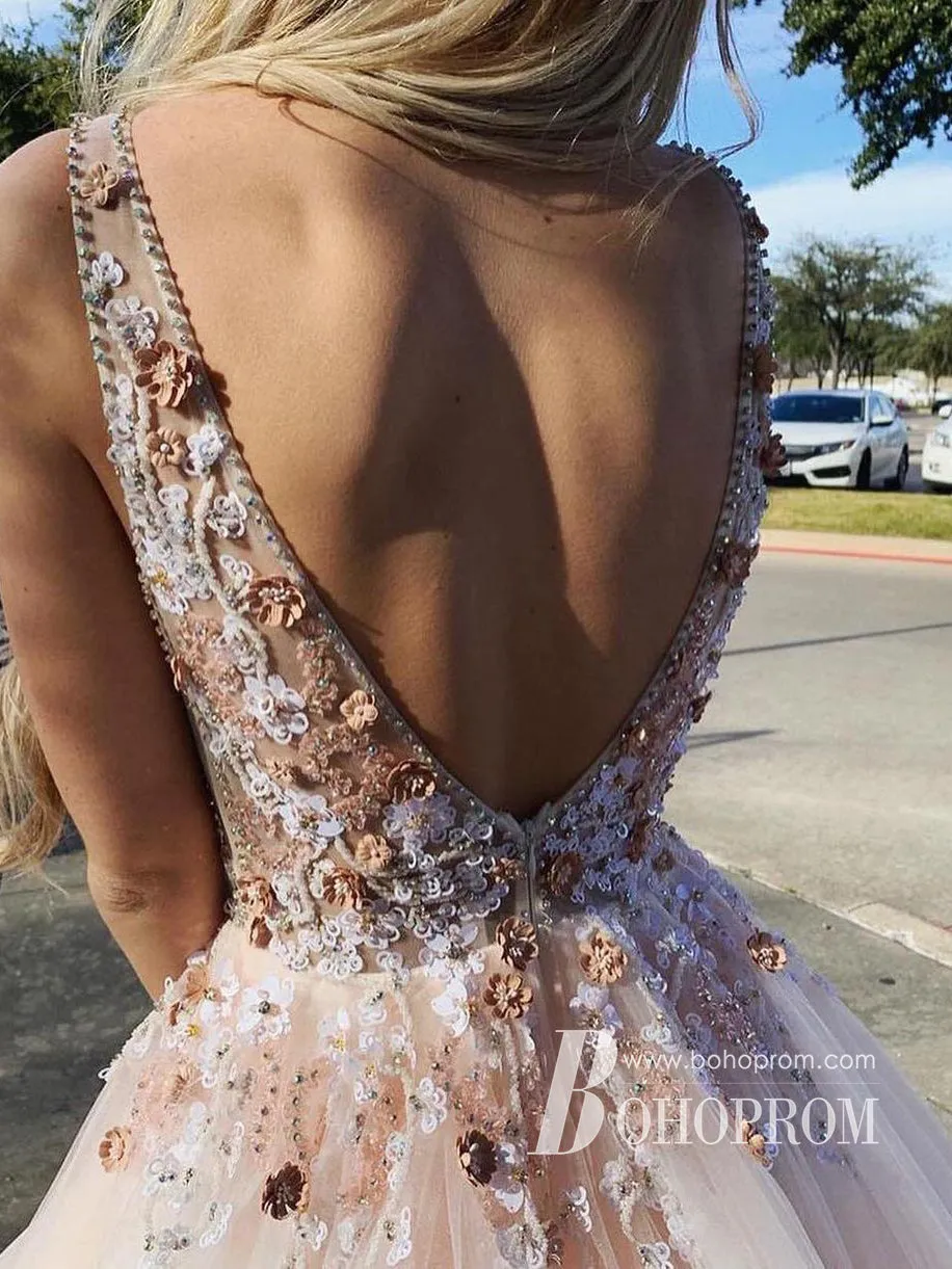 Simple Backless V-Neck Beaded Appliqued  A-line Evening Dresses Tulle Prom Dress  PD525