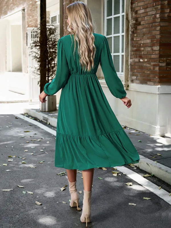 Solid Elegant Long Sleeve Tiered Lace V-Neck Midi Dress