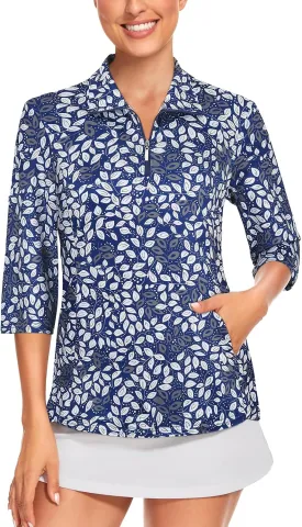 Tanst Sky Womens 3/4 Sleeve Golf Shirt Quick Dry Zip Up Workout Tennis Tops with Pockets