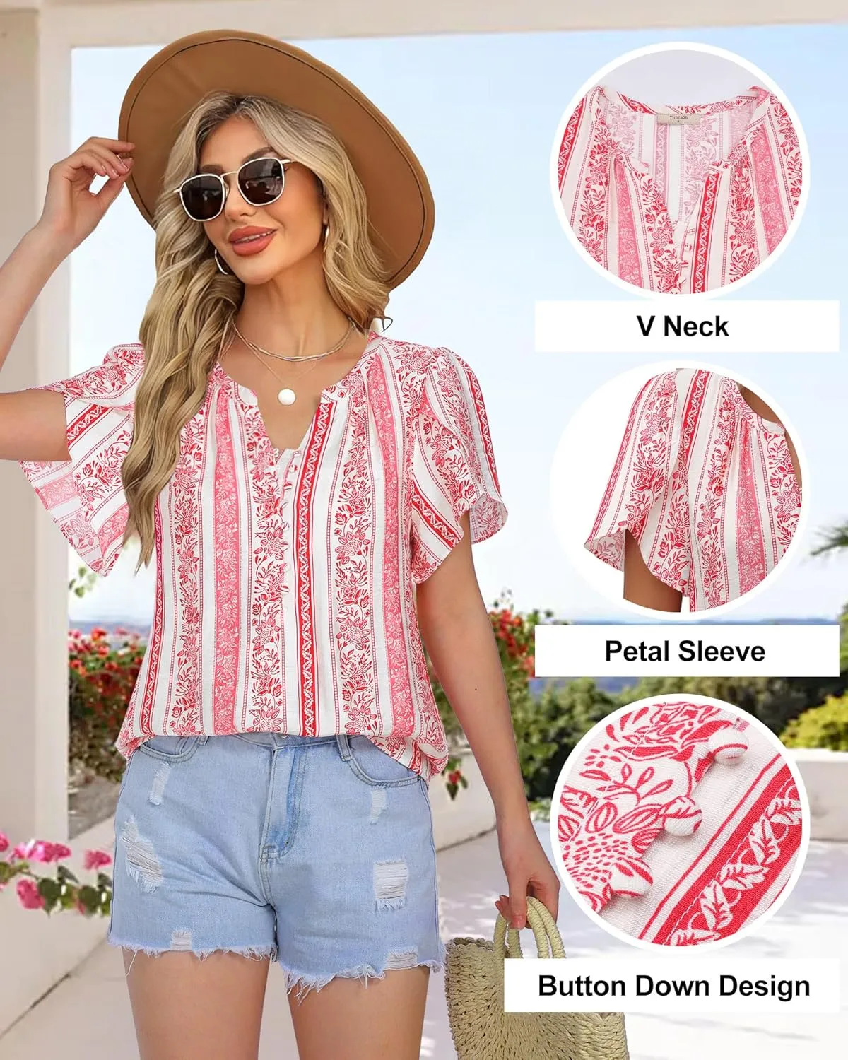Timeson Womens Summer Tops Boho Short Sleeve Business Casual Blouses Button Down Floral Shirts Fashion Beach Vacation Clothes