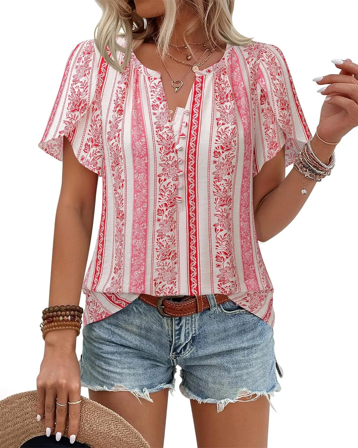 Timeson Womens Summer Tops Boho Short Sleeve Business Casual Blouses Button Down Floral Shirts Fashion Beach Vacation Clothes