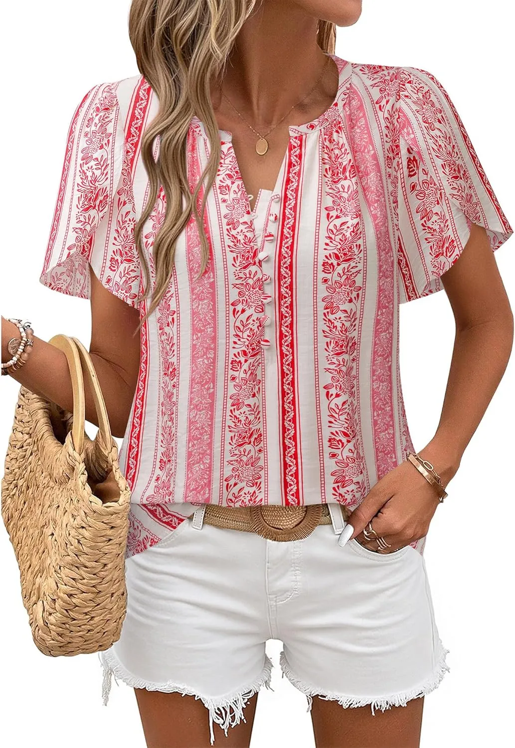 Timeson Womens Summer Tops Boho Short Sleeve Business Casual Blouses Button Down Floral Shirts Fashion Beach Vacation Clothes