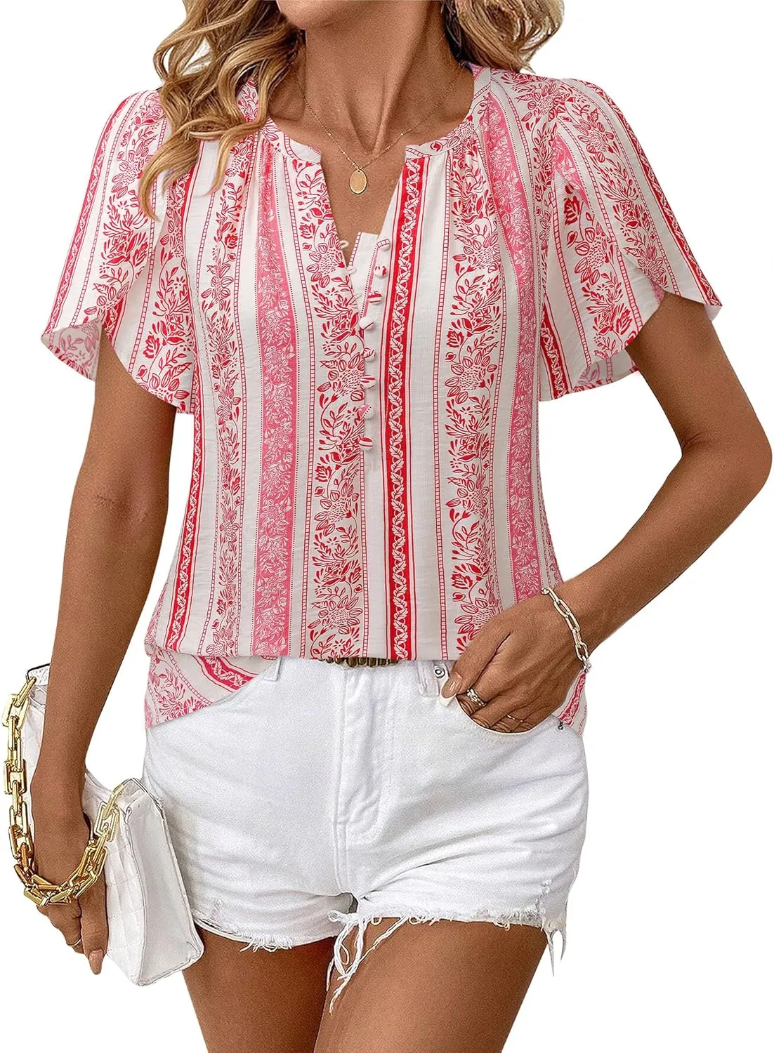 Timeson Womens Summer Tops Boho Short Sleeve Business Casual Blouses Button Down Floral Shirts Fashion Beach Vacation Clothes