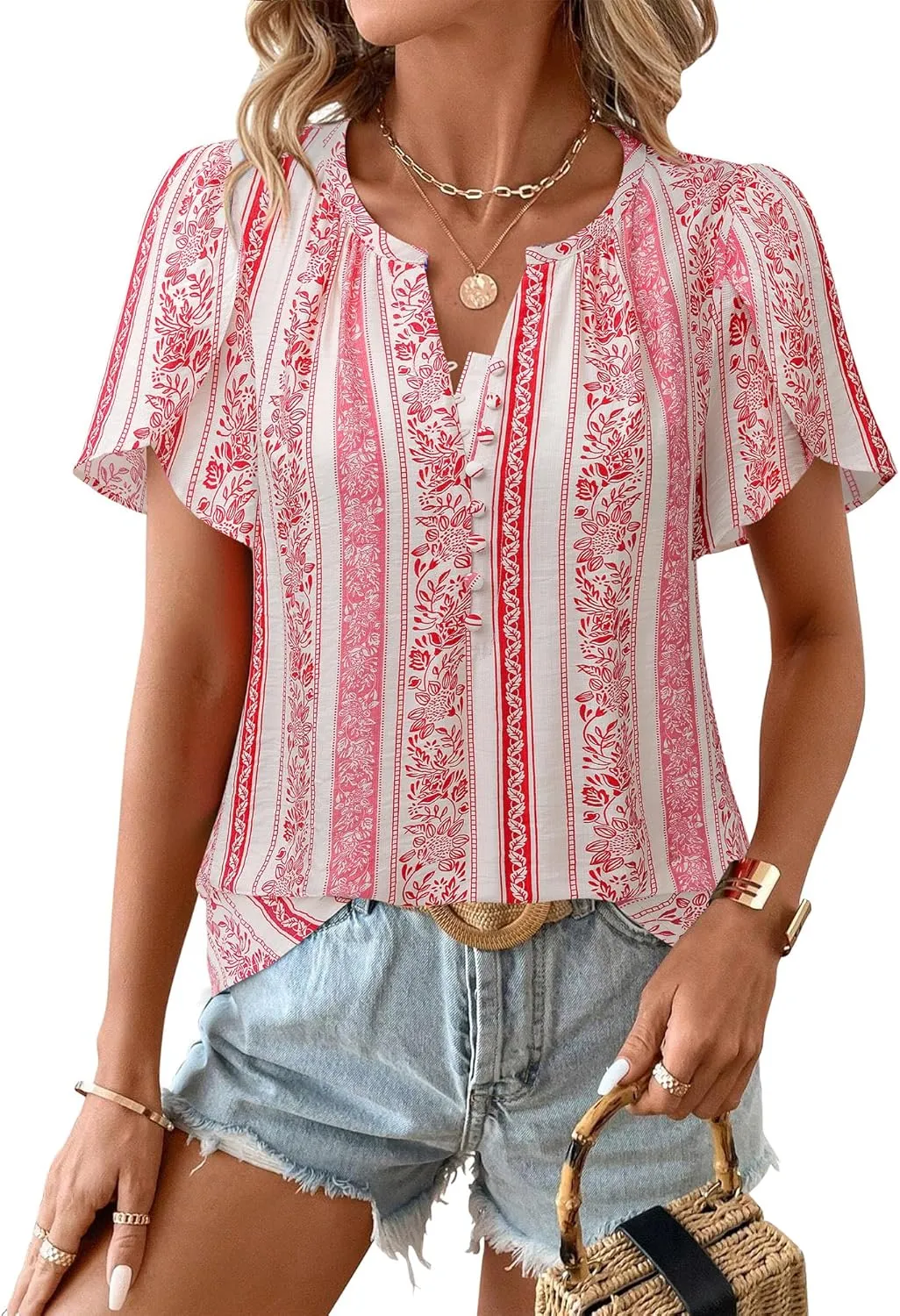Timeson Womens Summer Tops Boho Short Sleeve Business Casual Blouses Button Down Floral Shirts Fashion Beach Vacation Clothes