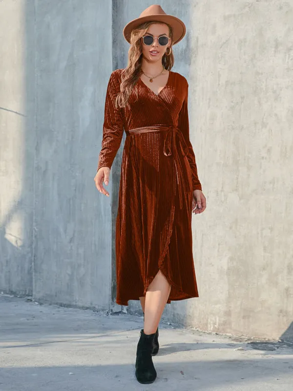 Velvet Wrap Midi Dress with Long Sleeve for Special Occasions