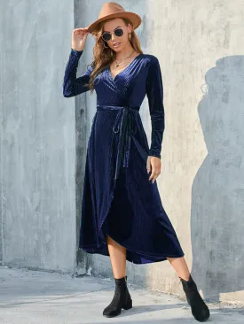 Velvet Wrap Midi Dress with Long Sleeve for Special Occasions