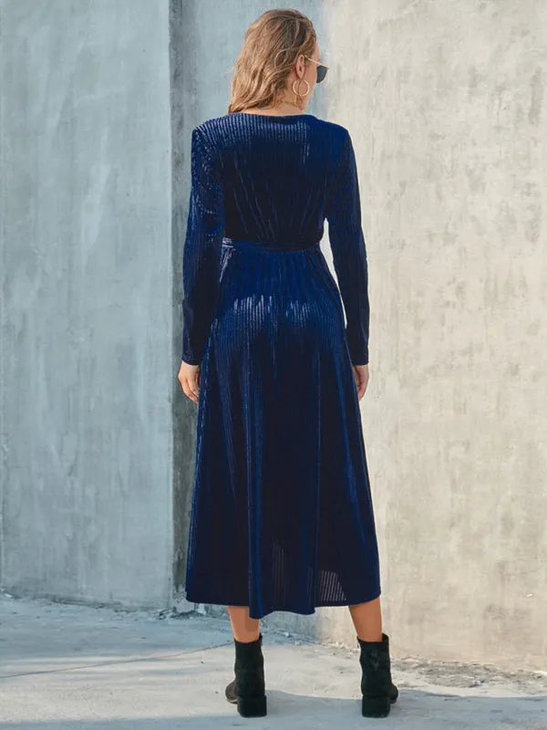Velvet Wrap Midi Dress with Long Sleeve for Special Occasions