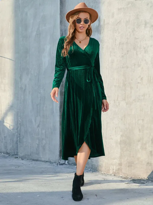 Velvet Wrap Midi Dress with Long Sleeve for Special Occasions