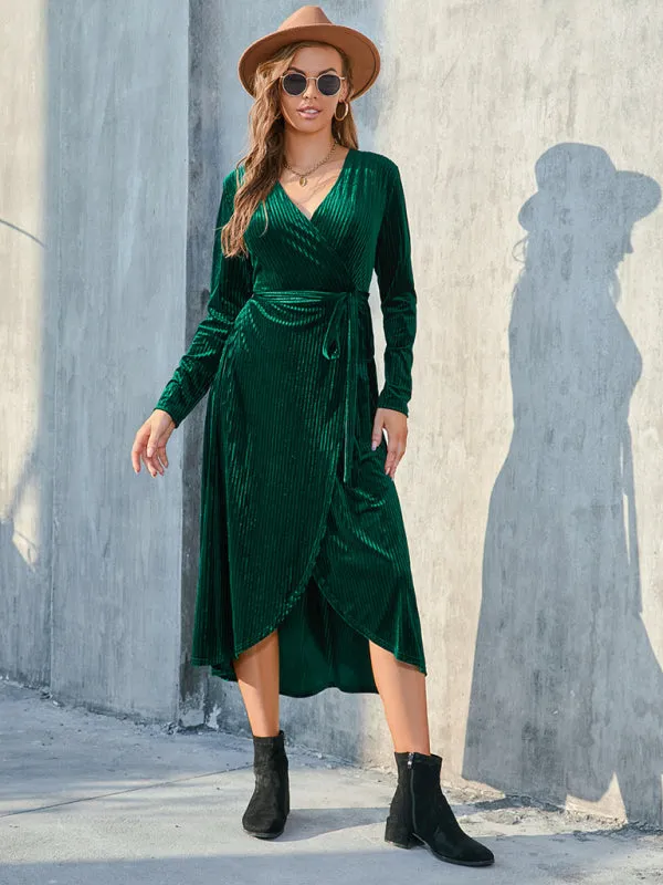 Velvet Wrap Midi Dress with Long Sleeve for Special Occasions