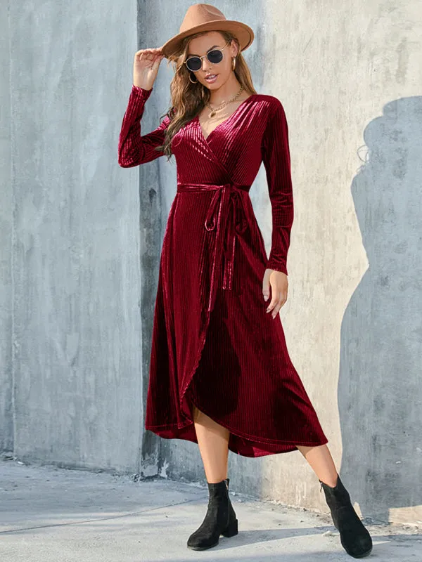 Velvet Wrap Midi Dress with Long Sleeve for Special Occasions