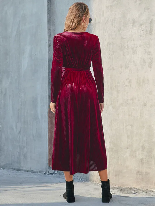 Velvet Wrap Midi Dress with Long Sleeve for Special Occasions