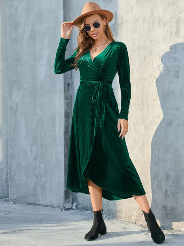 Velvet Wrap Midi Dress with Long Sleeve for Special Occasions