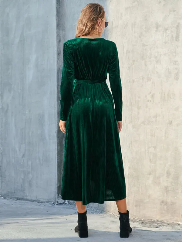 Velvet Wrap Midi Dress with Long Sleeve for Special Occasions