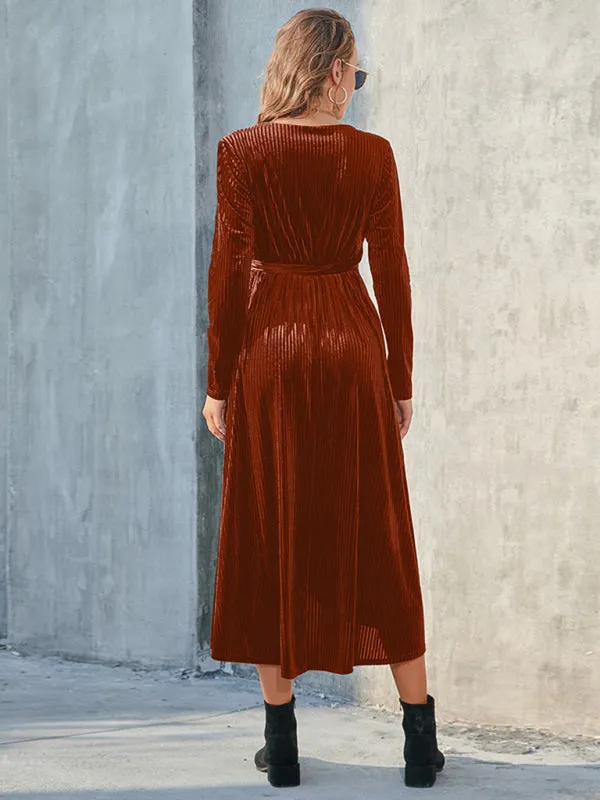 Velvet Wrap Midi Dress with Long Sleeve for Special Occasions