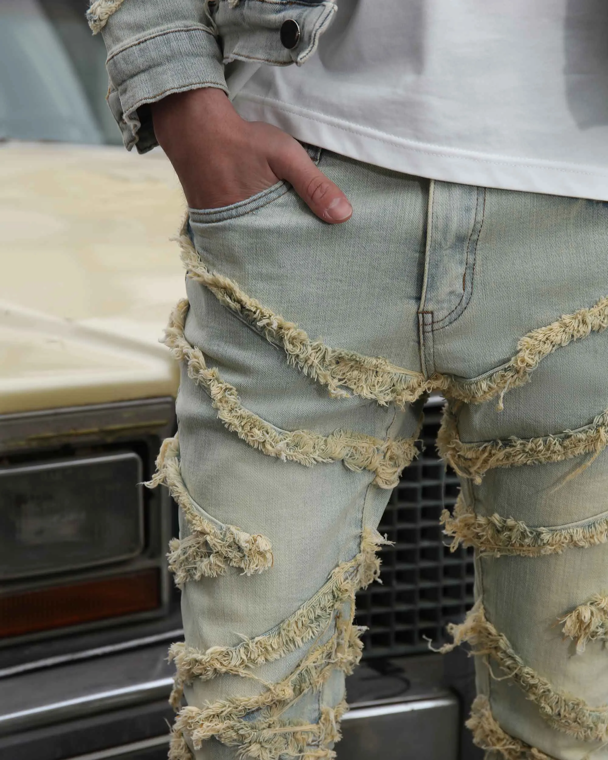 Vintage Distressed Blue Stacked Jeans with Tassel-Mexico Local Delivery