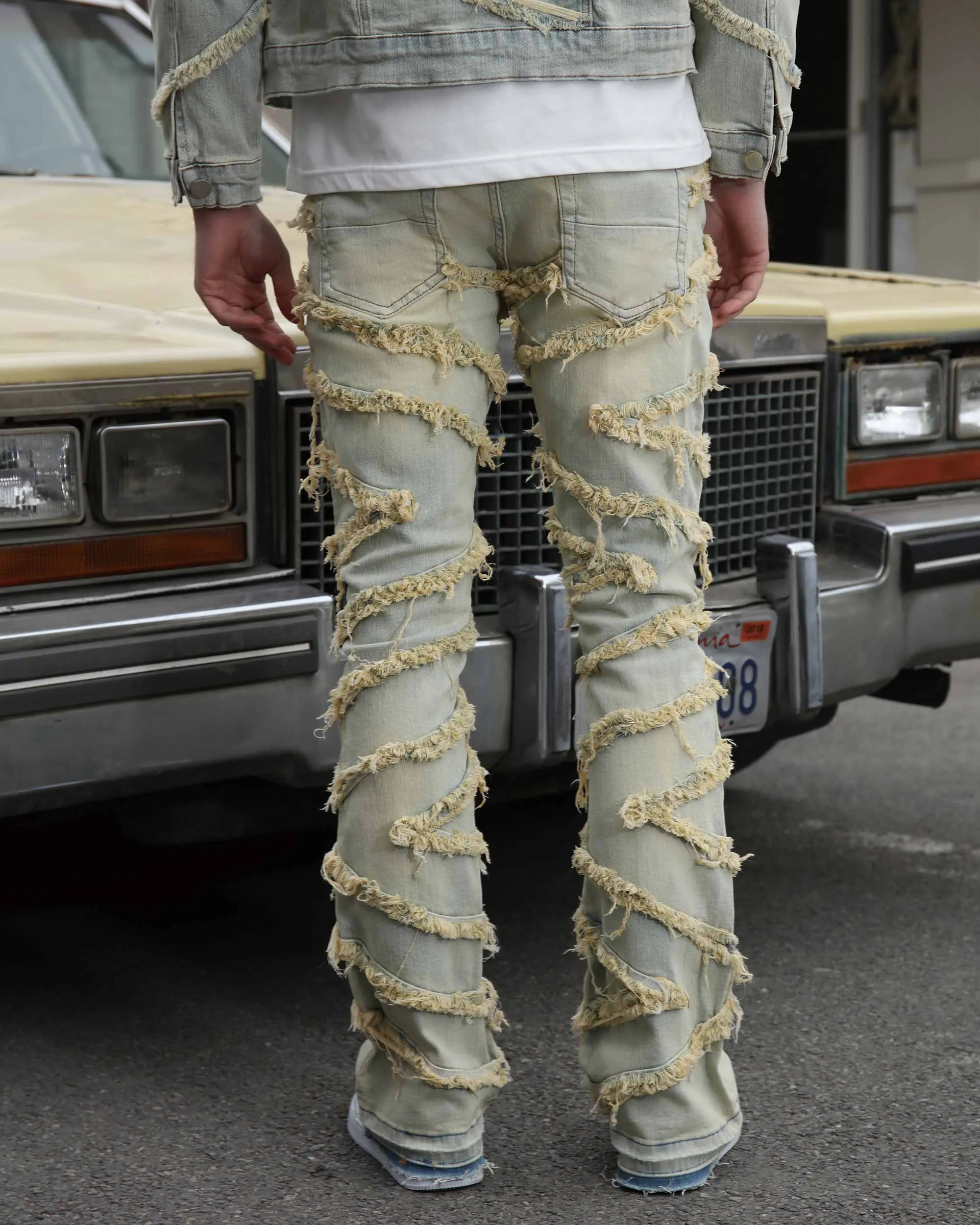 Vintage Distressed Blue Stacked Jeans with Tassel-Mexico Local Delivery