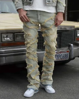 Vintage Distressed Blue Stacked Jeans with Tassel-Mexico Local Delivery