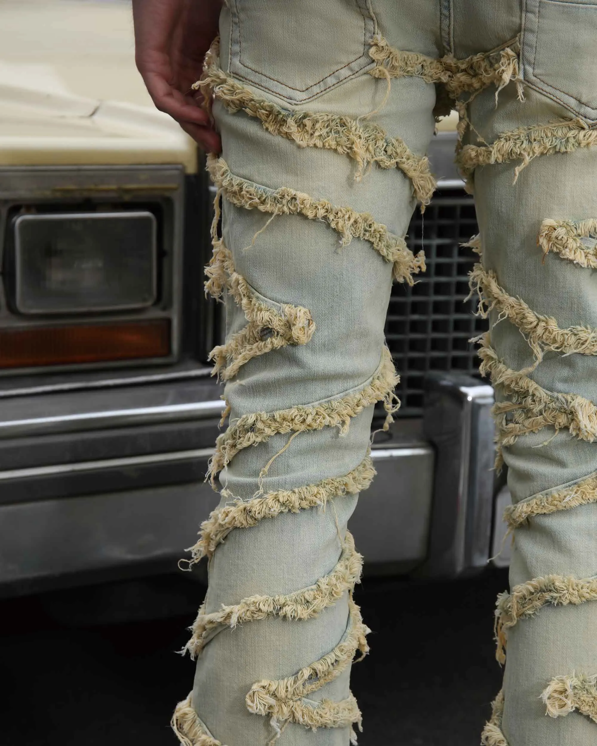 Vintage Distressed Blue Stacked Jeans with Tassel-Mexico Local Delivery