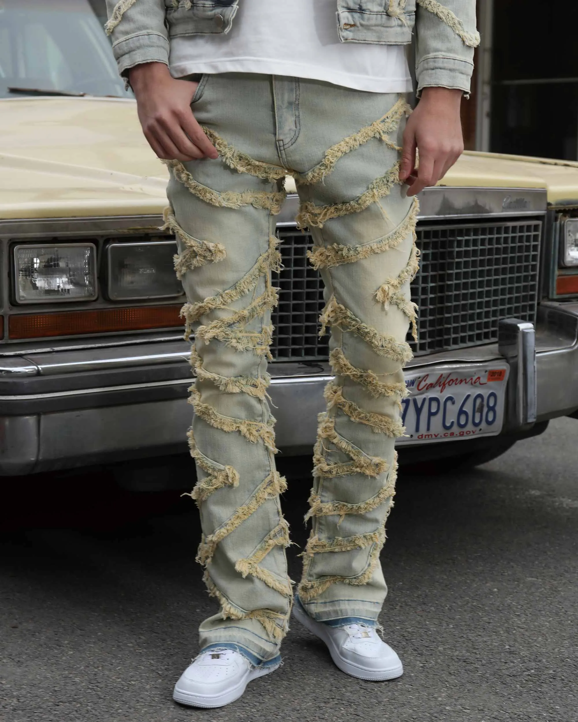 Vintage Distressed Blue Stacked Jeans with Tassel-Mexico Local Delivery