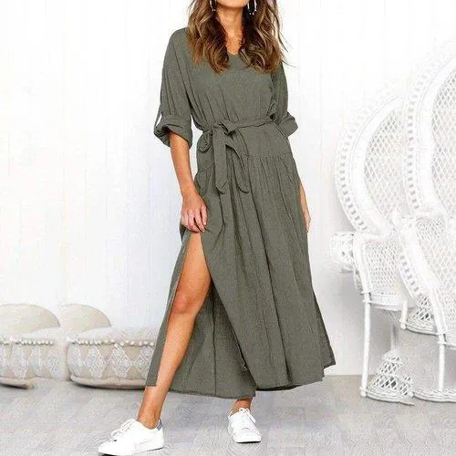 Vintage Style Linen Casual A-line Shirt Dress