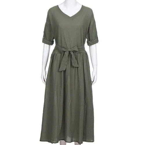 Vintage Style Linen Casual A-line Shirt Dress
