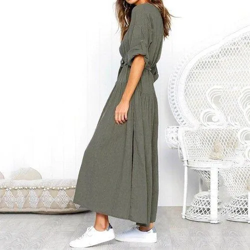 Vintage Style Linen Casual A-line Shirt Dress