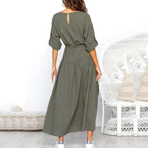 Vintage Style Linen Casual A-line Shirt Dress