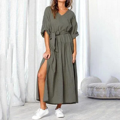Vintage Style Linen Casual A-line Shirt Dress