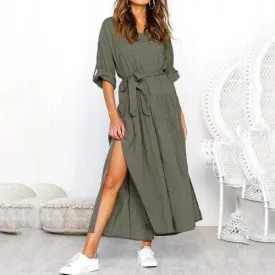 Vintage Style Linen Casual A-line Shirt Dress