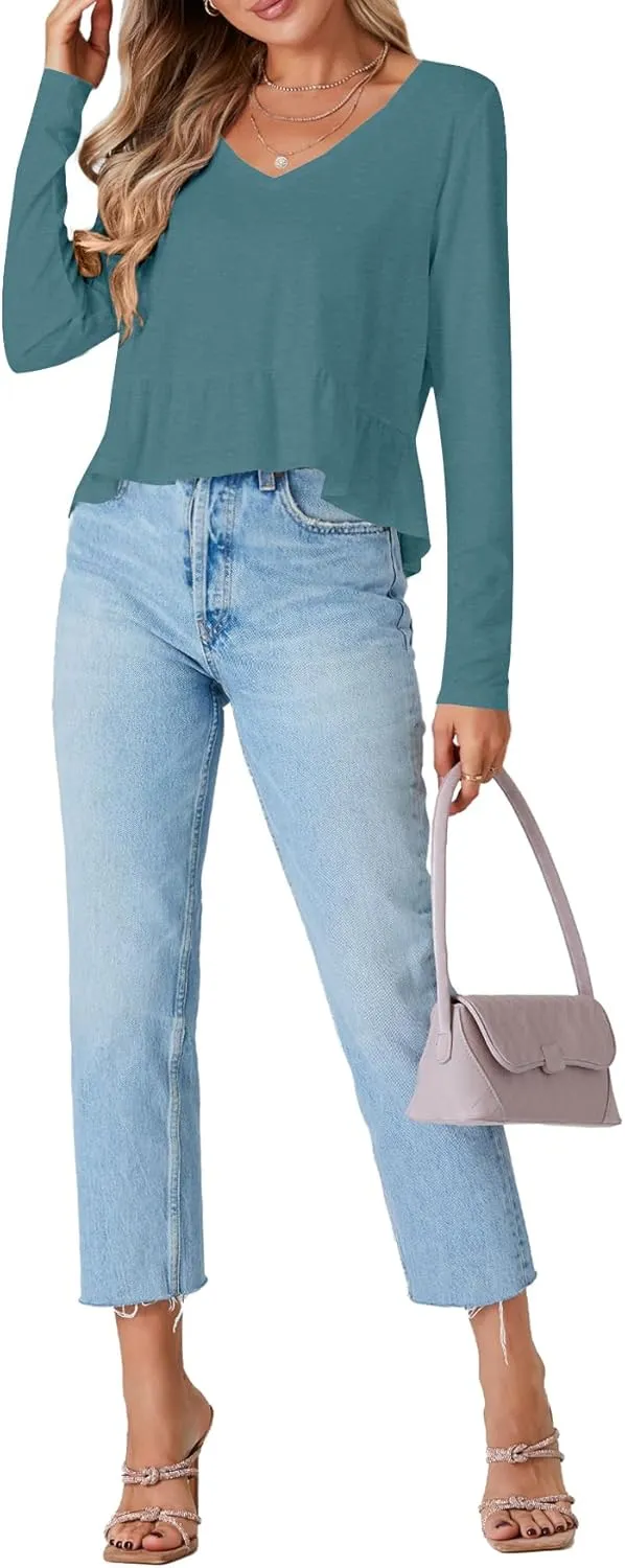 Vrtige Women's Casual V Neck Long Sleeve Peplum Ruffle Hem Babydoll Blouse Shirt Crop Top