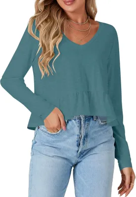 Vrtige Women's Casual V Neck Long Sleeve Peplum Ruffle Hem Babydoll Blouse Shirt Crop Top