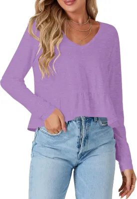 Vrtige Women's Casual V Neck Long Sleeve Peplum Ruffle Hem Babydoll Blouse Shirt Crop Top
