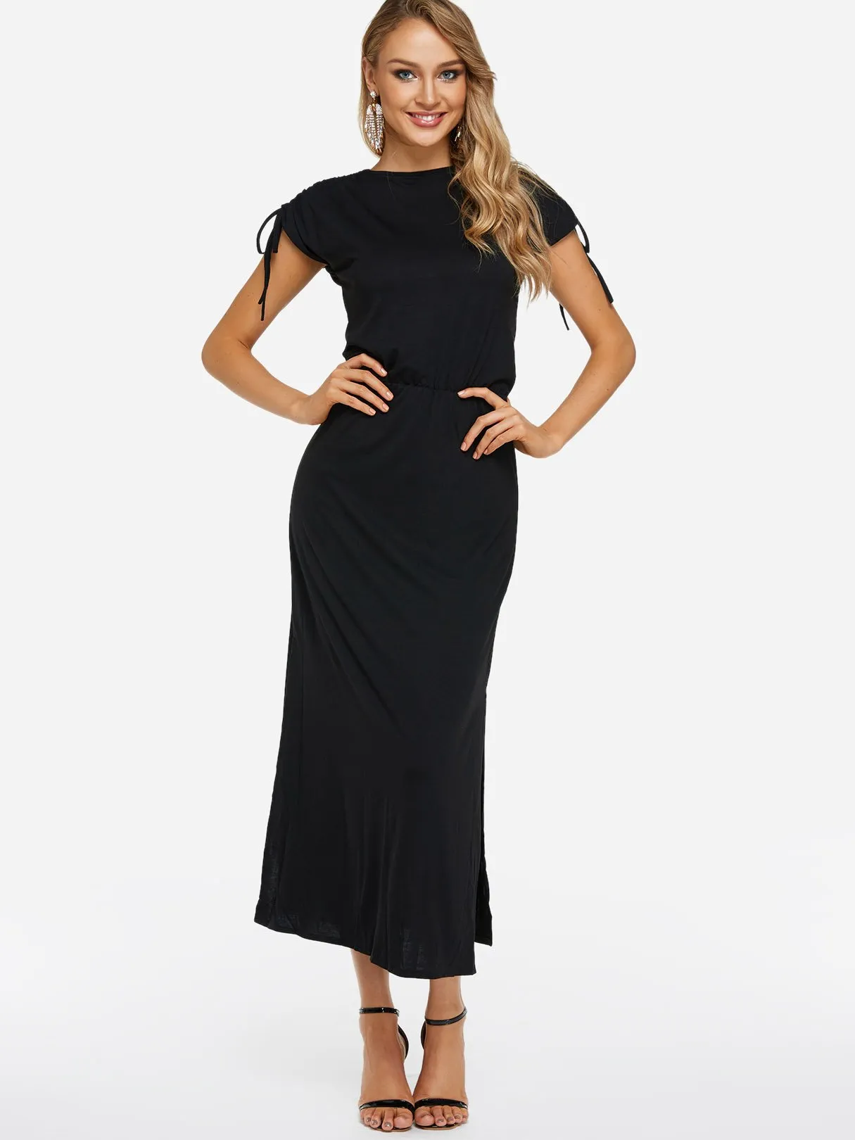 Wholesale Black Crew Neck Sleeveless Plain Lace-Up Slit Maxi Dress