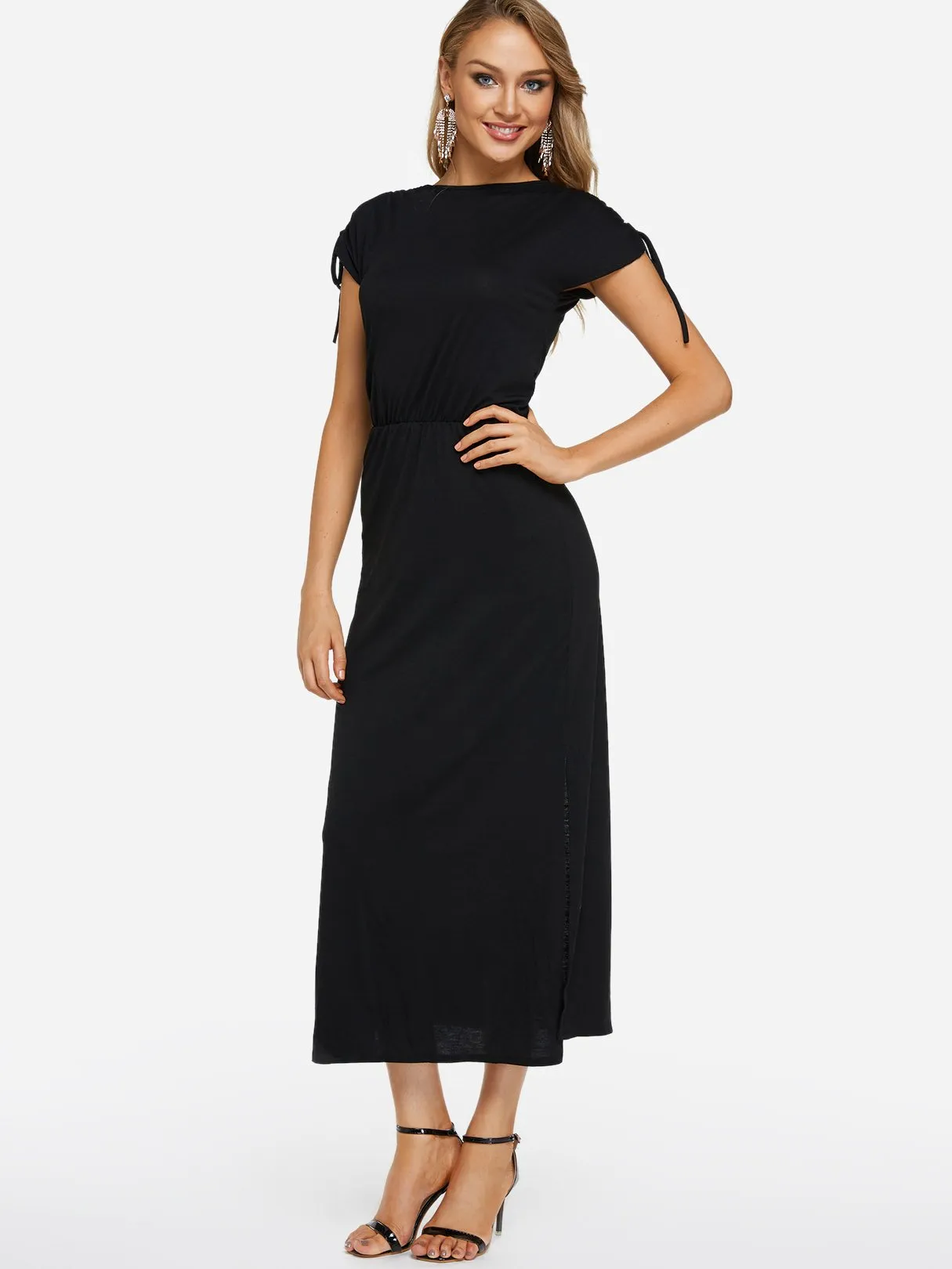 Wholesale Black Crew Neck Sleeveless Plain Lace-Up Slit Maxi Dress