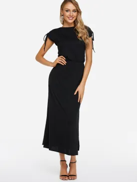 Wholesale Black Crew Neck Sleeveless Plain Lace-Up Slit Maxi Dress