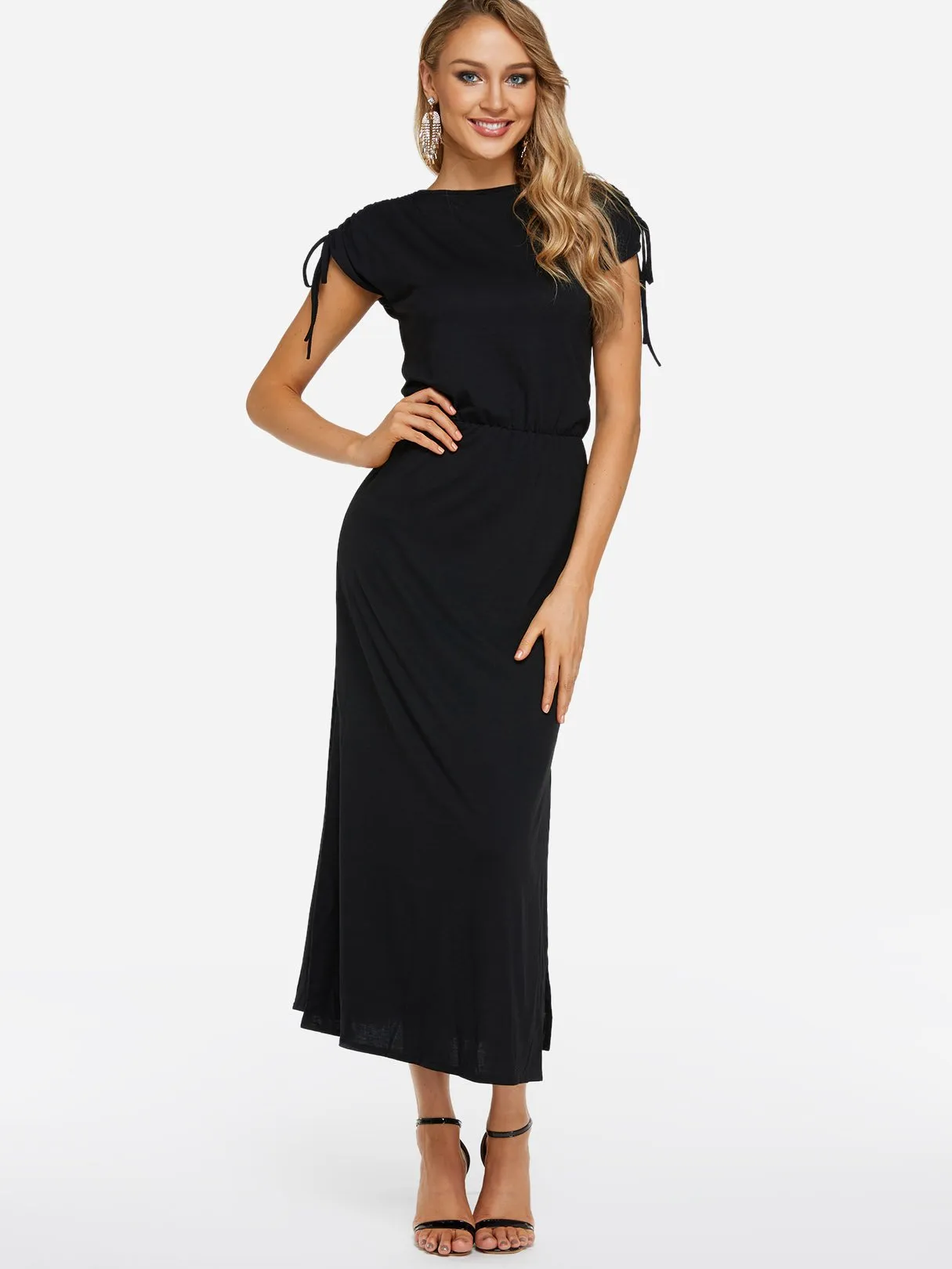 Wholesale Black Crew Neck Sleeveless Plain Lace-Up Slit Maxi Dress
