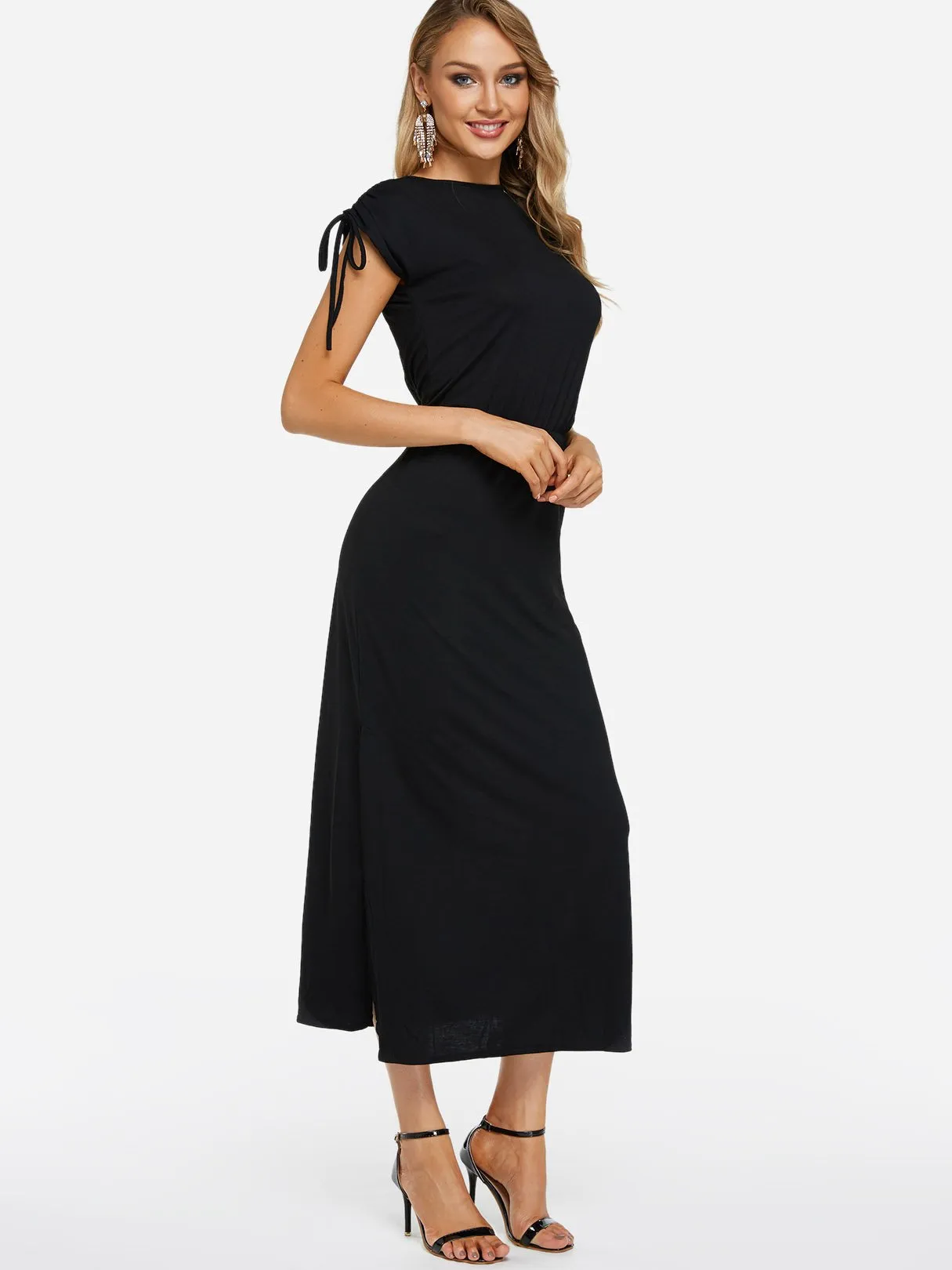 Wholesale Black Crew Neck Sleeveless Plain Lace-Up Slit Maxi Dress
