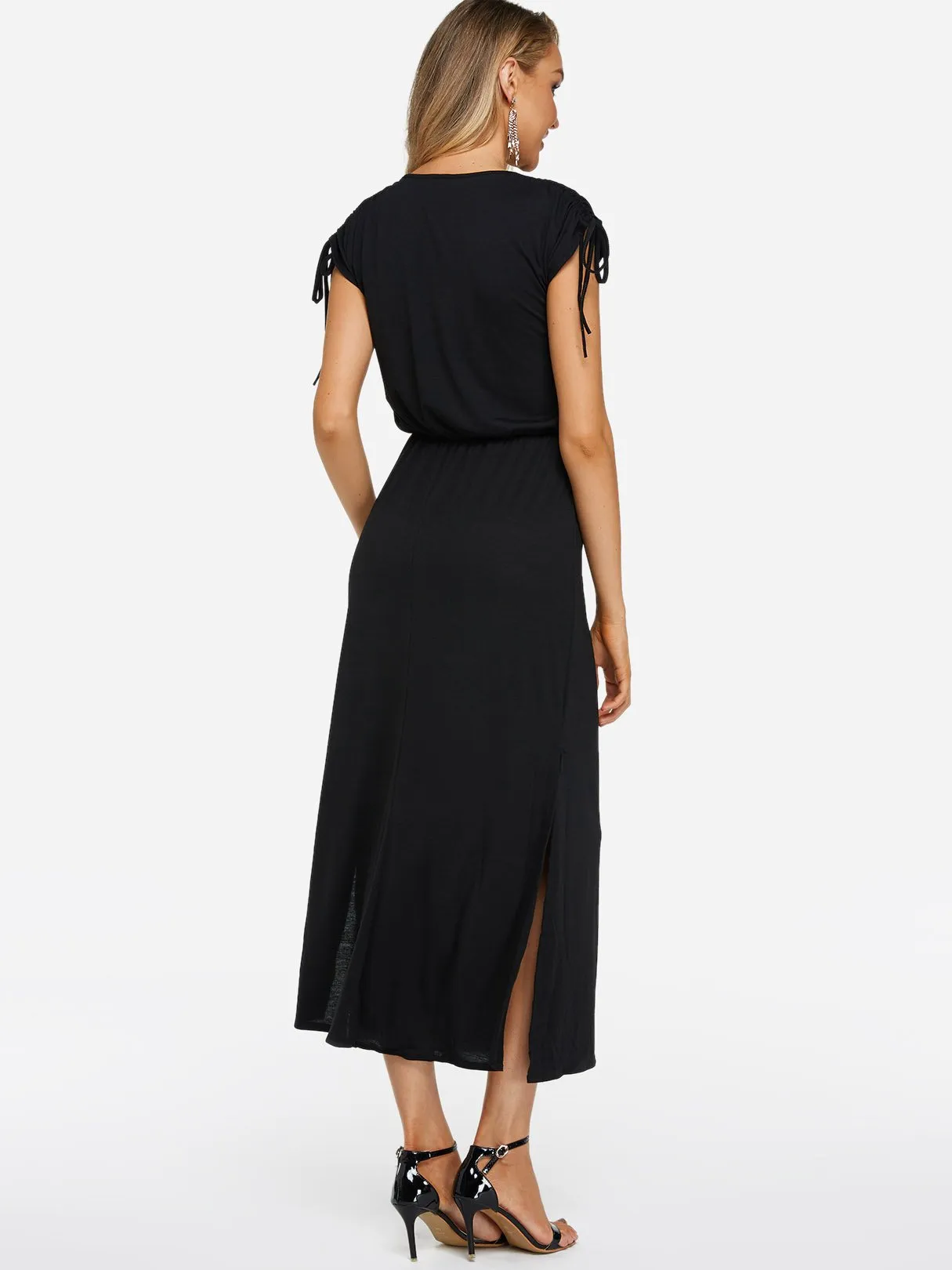 Wholesale Black Crew Neck Sleeveless Plain Lace-Up Slit Maxi Dress