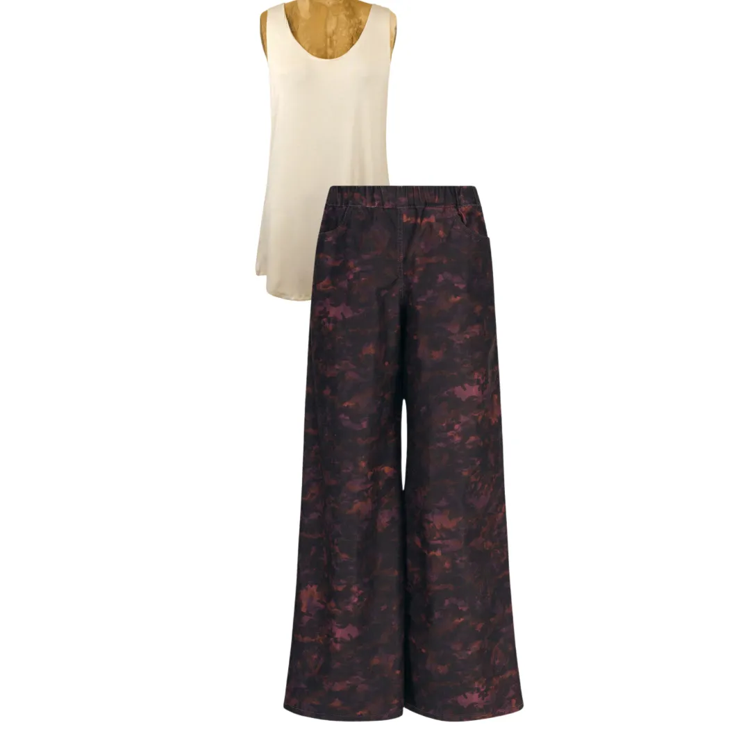 Wide Leg 2 Pocket Printed Jean Pant - Wine