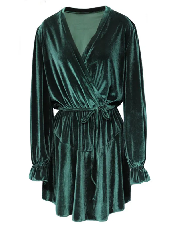 Winter Velvet Surplice V Neck Long Sleeve Mini Dress