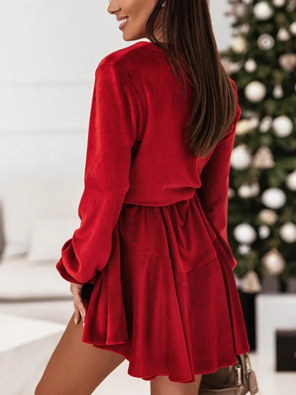 Winter Velvet Surplice V Neck Long Sleeve Mini Dress