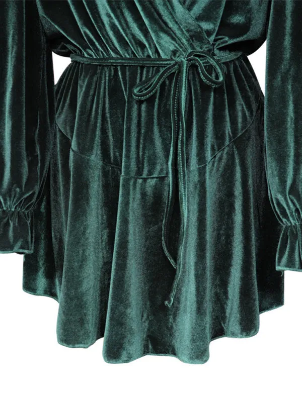 Winter Velvet Surplice V Neck Long Sleeve Mini Dress