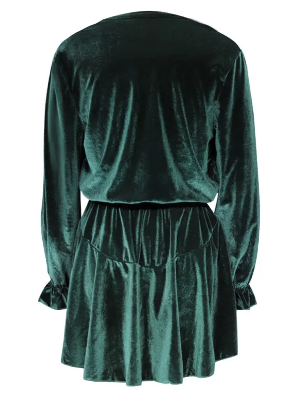 Winter Velvet Surplice V Neck Long Sleeve Mini Dress