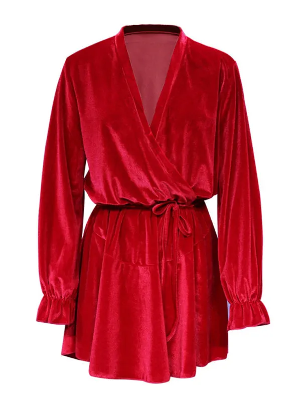 Winter Velvet Surplice V Neck Long Sleeve Mini Dress