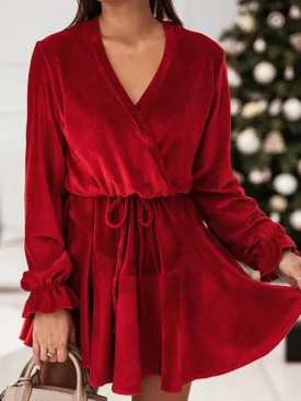 Winter Velvet Surplice V Neck Long Sleeve Mini Dress