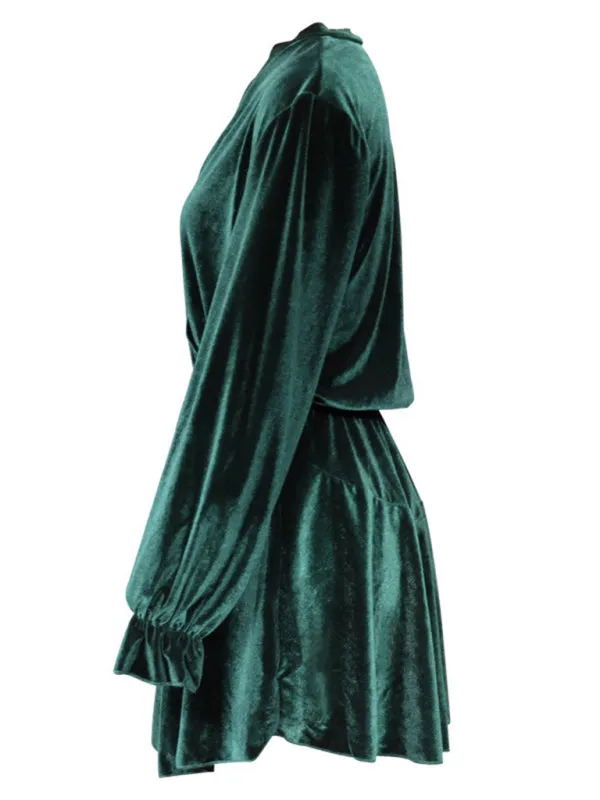 Winter Velvet Surplice V Neck Long Sleeve Mini Dress