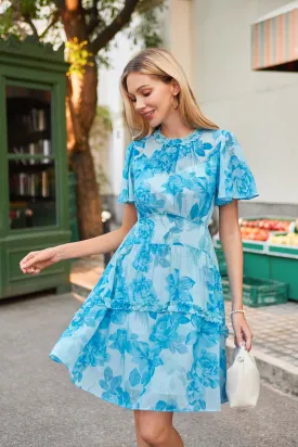 Women Elastic Waist Dress Short Sleeve Crew Neck Agaric Lace Decorated Dress