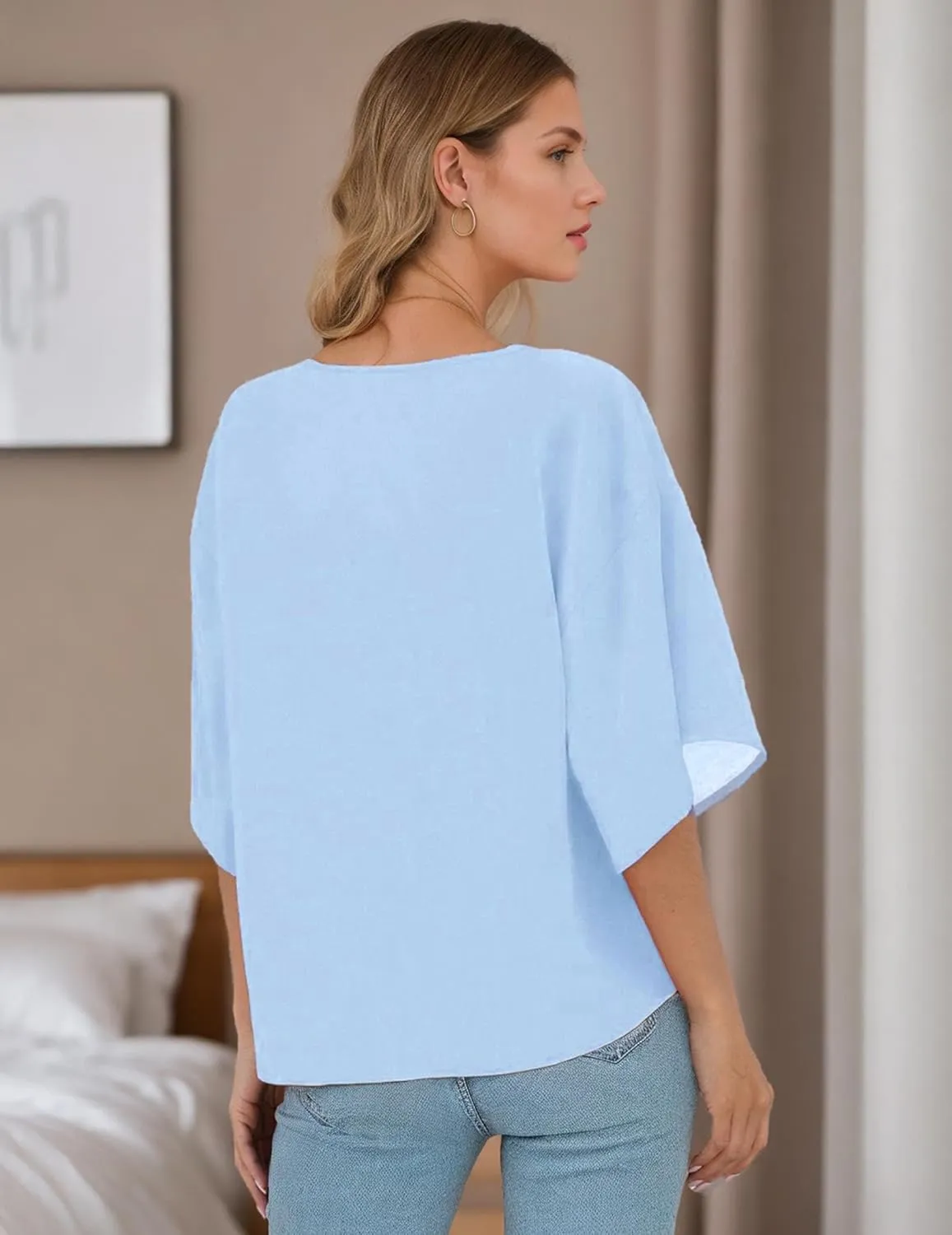 Women Tie Front Tops Sexy V Neck Short Sleeve Boho Shirts Summer Floral Chiffon Work Blouses