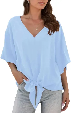 Women Tie Front Tops Sexy V Neck Short Sleeve Boho Shirts Summer Floral Chiffon Work Blouses
