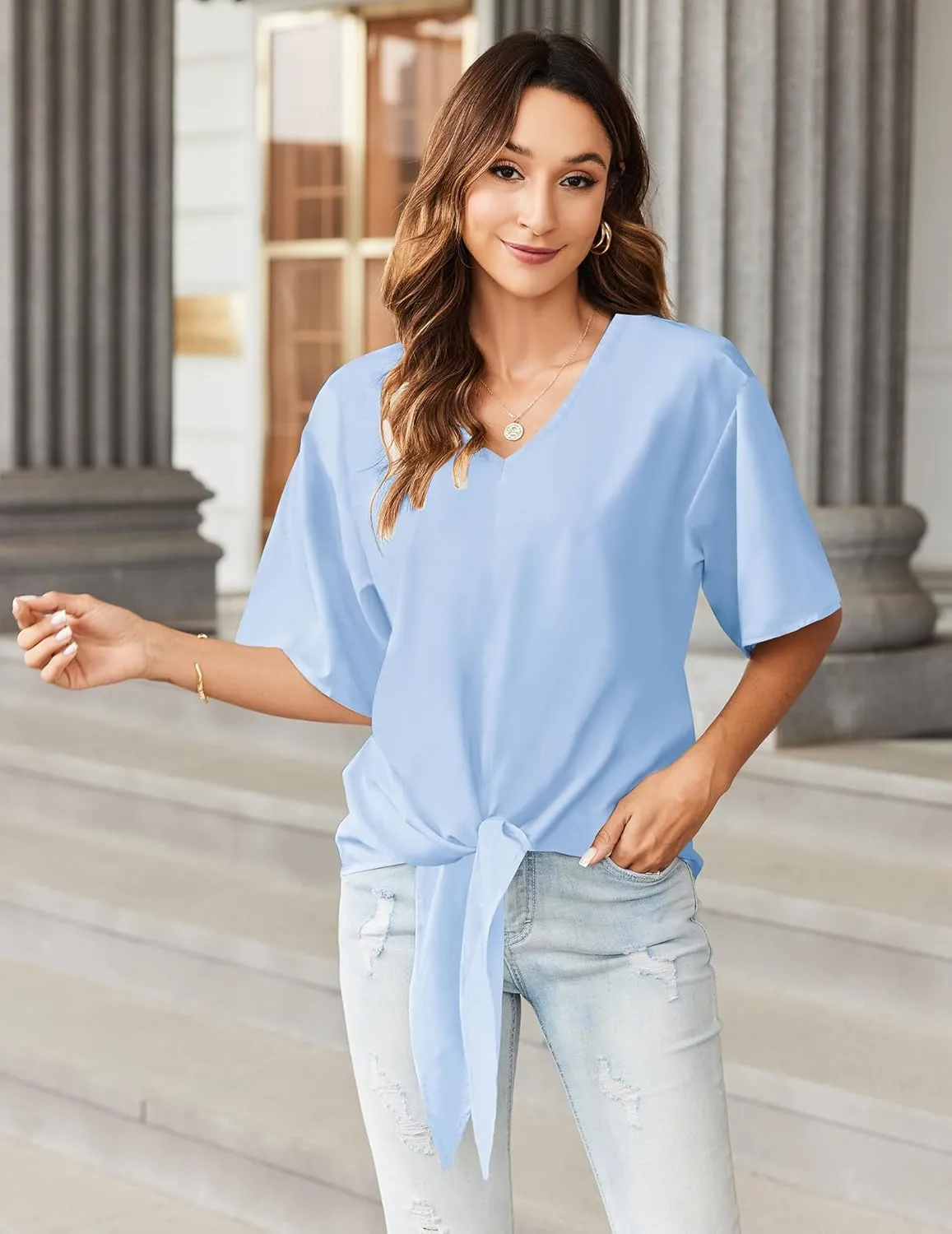 Women Tie Front Tops Sexy V Neck Short Sleeve Boho Shirts Summer Floral Chiffon Work Blouses